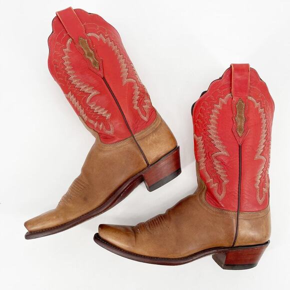 Lucchese Women’s 7.5 Brown Red-Orange Snip Toe Leather Cowgirl Western Boots - Picture 4 of 12